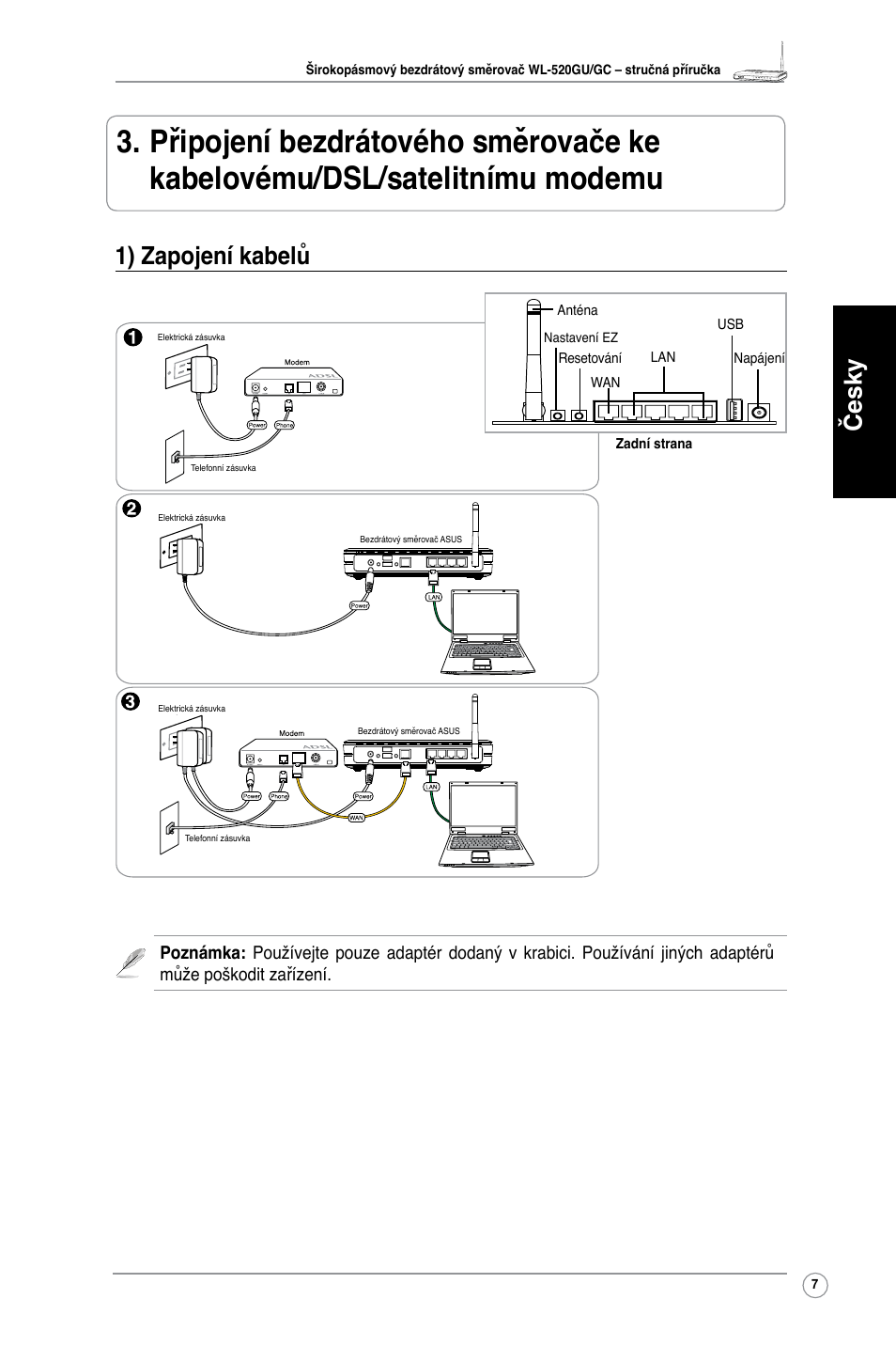 Česky, 1) zapojení kabelů | Asus WL-520GU User Manual | Page 12 / 110