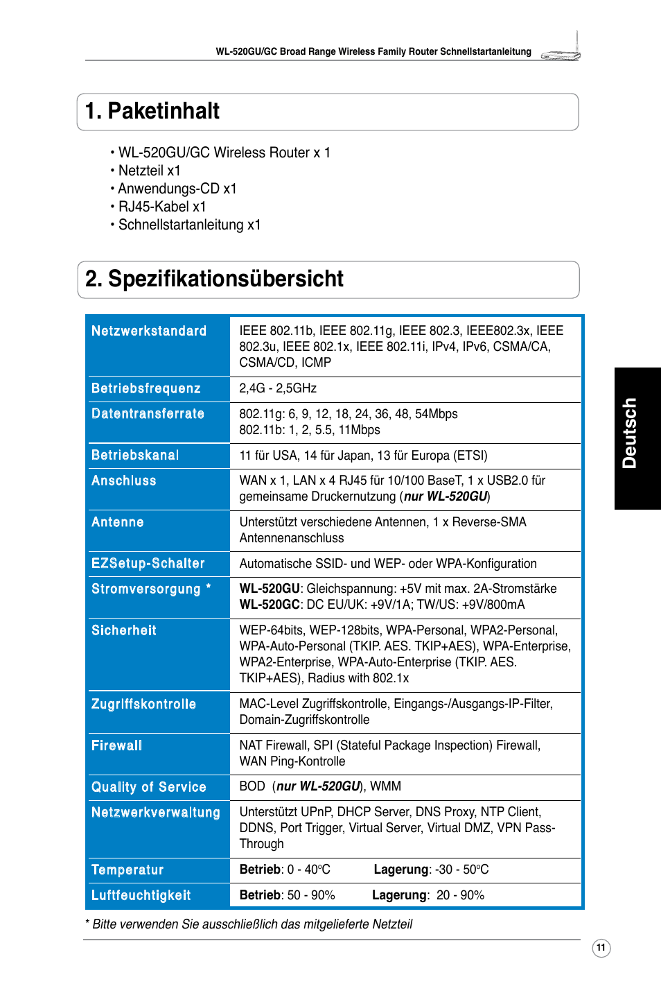 Paketinhalt, Spezifikationsübersicht, Deutsch | Asus WL-520GU User Manual | Page 16 / 110