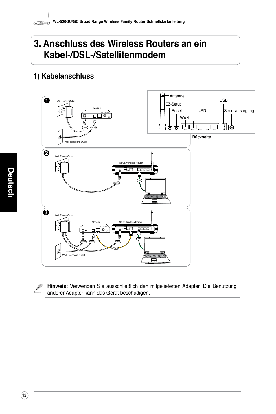 Deutsch, 1) kabelanschluss | Asus WL-520GU User Manual | Page 17 / 110