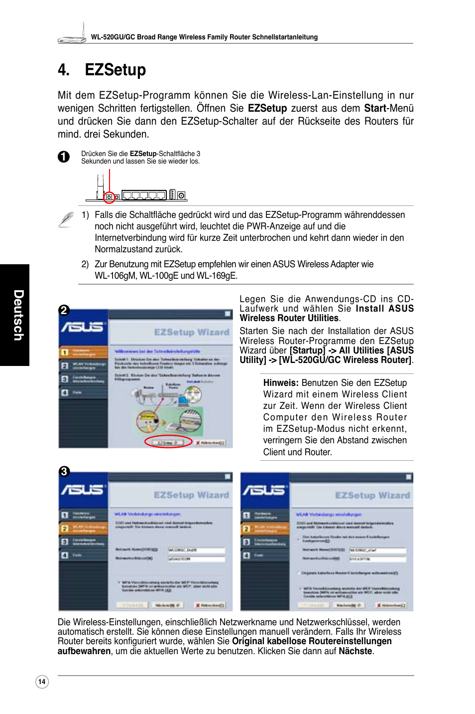 Ezsetup, Deutsch | Asus WL-520GU User Manual | Page 19 / 110