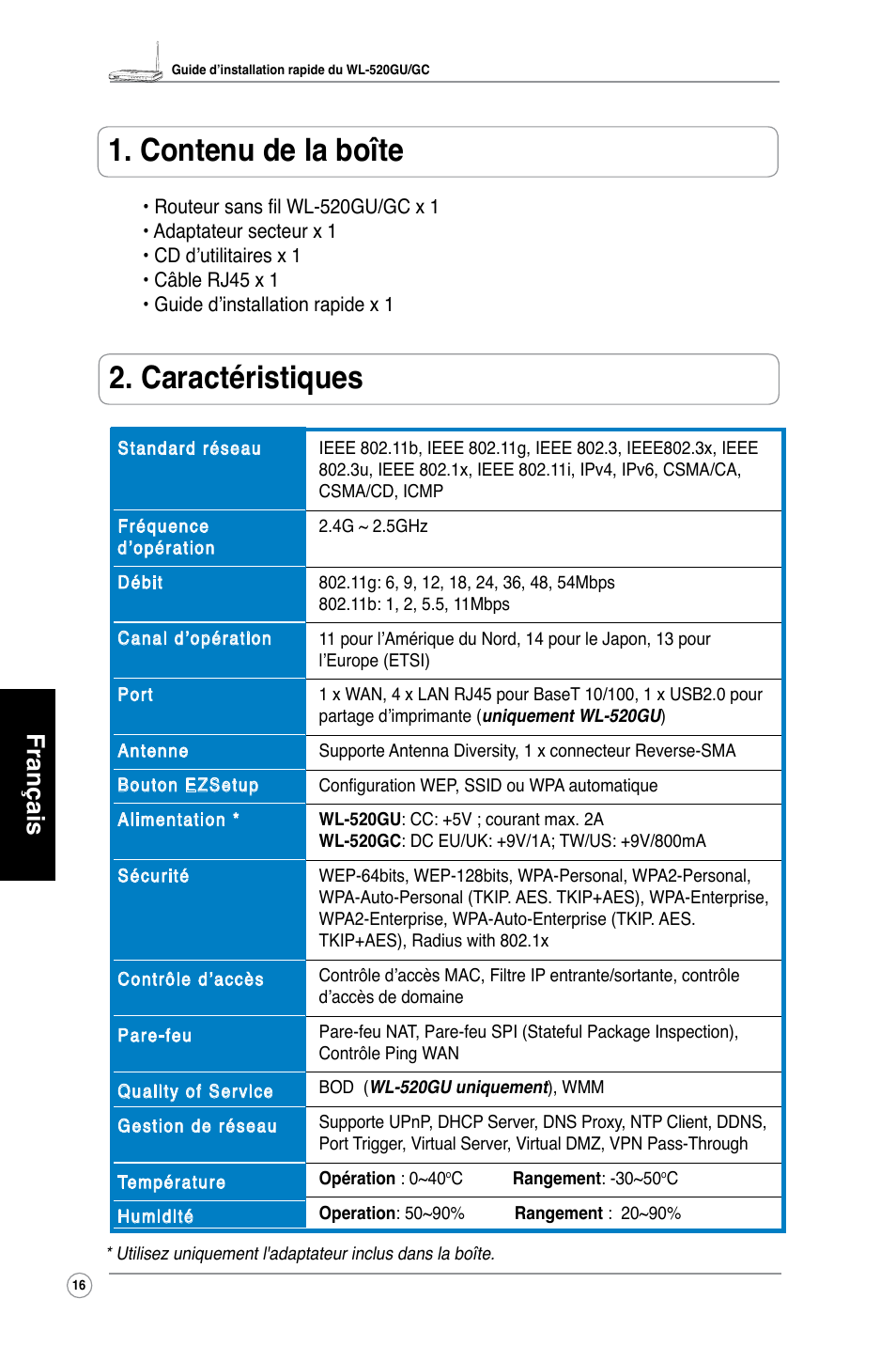 Contenu de la boîte, Caractéristiques, Français | Asus WL-520GU User Manual | Page 21 / 110