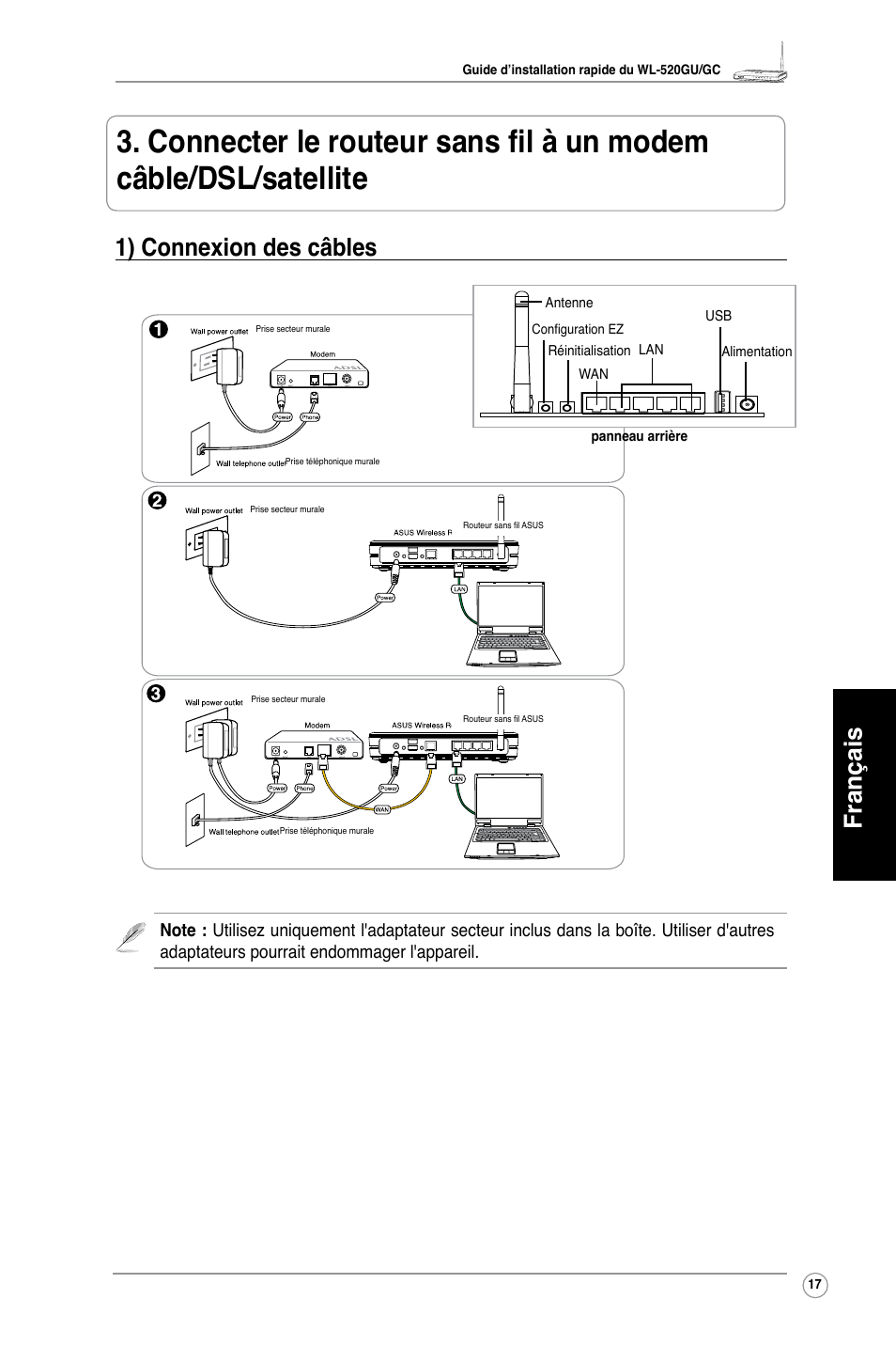 Français, 1) connexion des câbles | Asus WL-520GU User Manual | Page 22 / 110