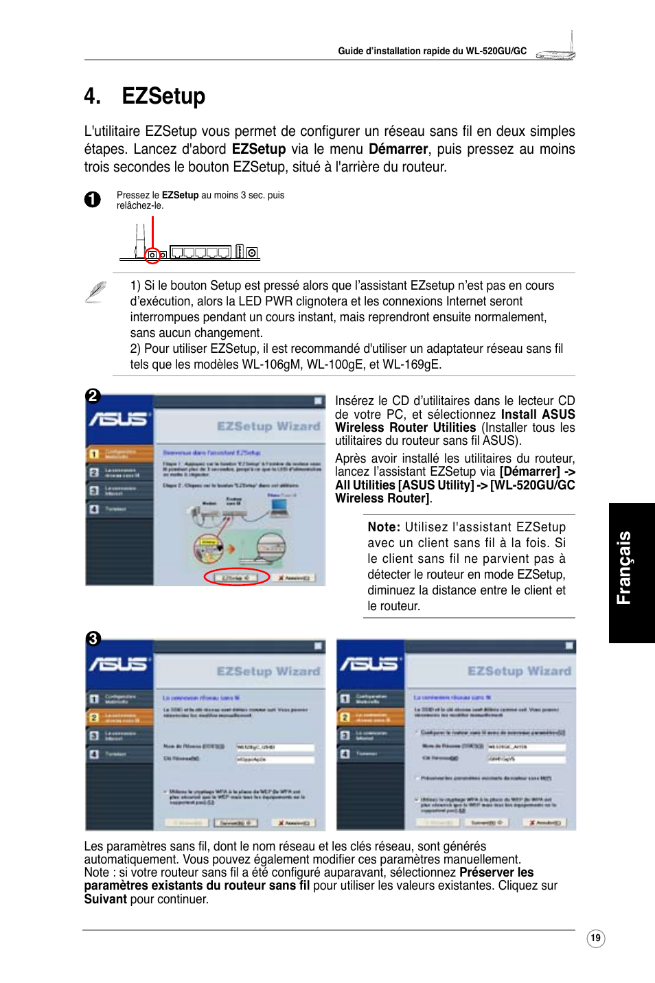 Ezsetup, Français | Asus WL-520GU User Manual | Page 24 / 110