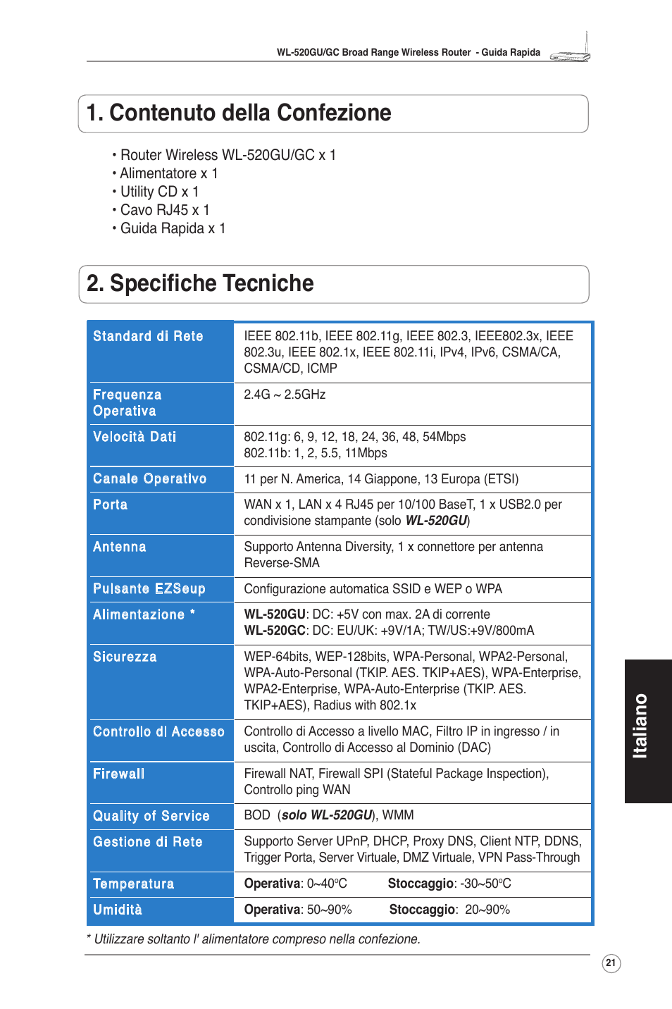 Contenuto della confezione, Specifiche tecniche, Italiano | Asus WL-520GU User Manual | Page 26 / 110