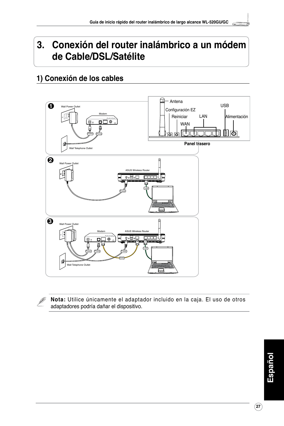 Español, 1) conexión de los cables | Asus WL-520GU User Manual | Page 32 / 110