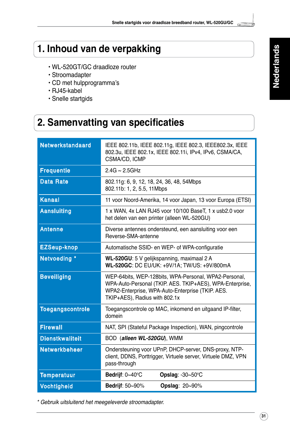 Inhoud van de verpakking, Samenvatting van specificaties, Nederlands | Asus WL-520GU User Manual | Page 36 / 110