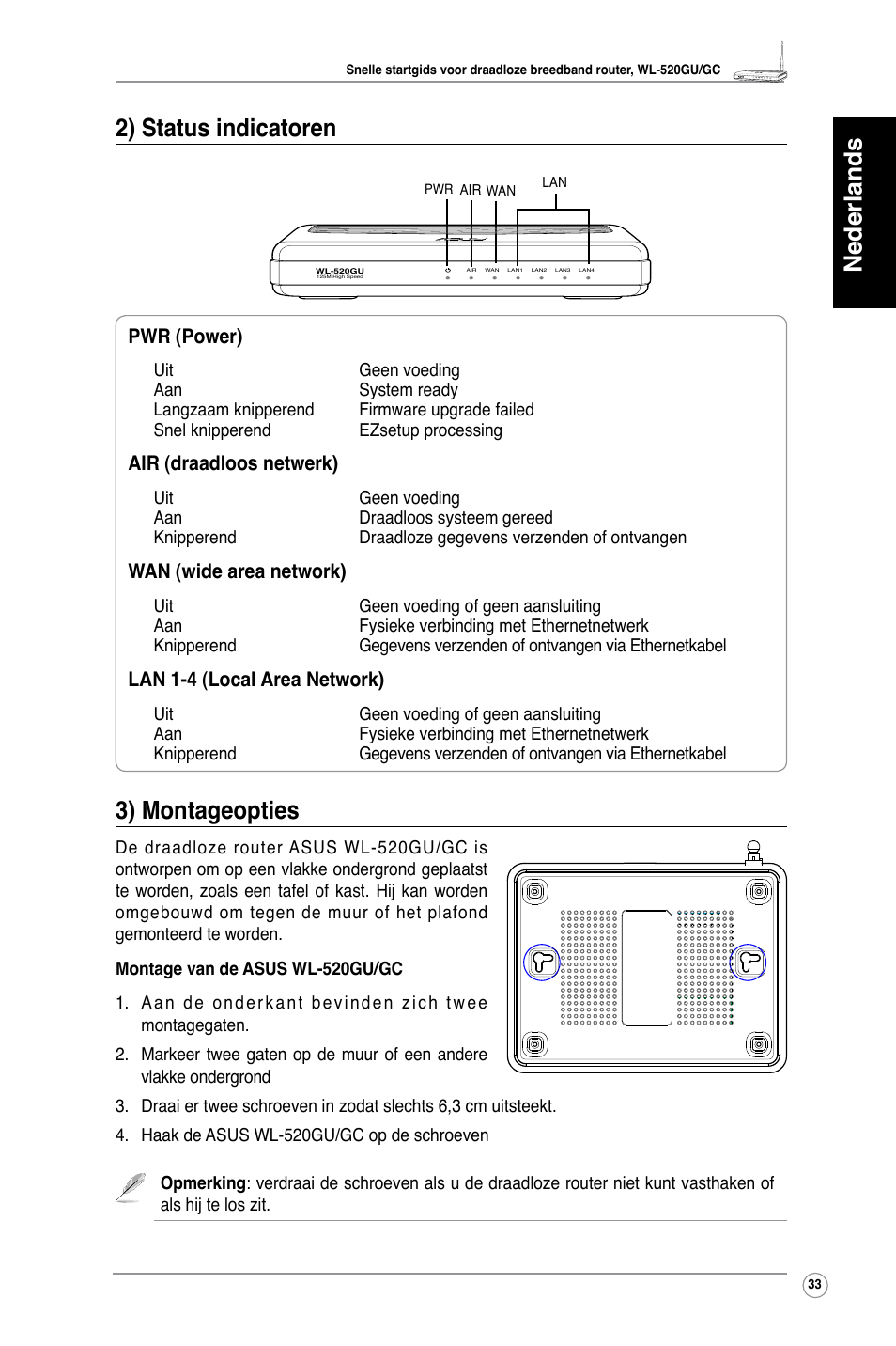 Nederlands 2) status indicatoren, 3) montageopties | Asus WL-520GU User Manual | Page 38 / 110