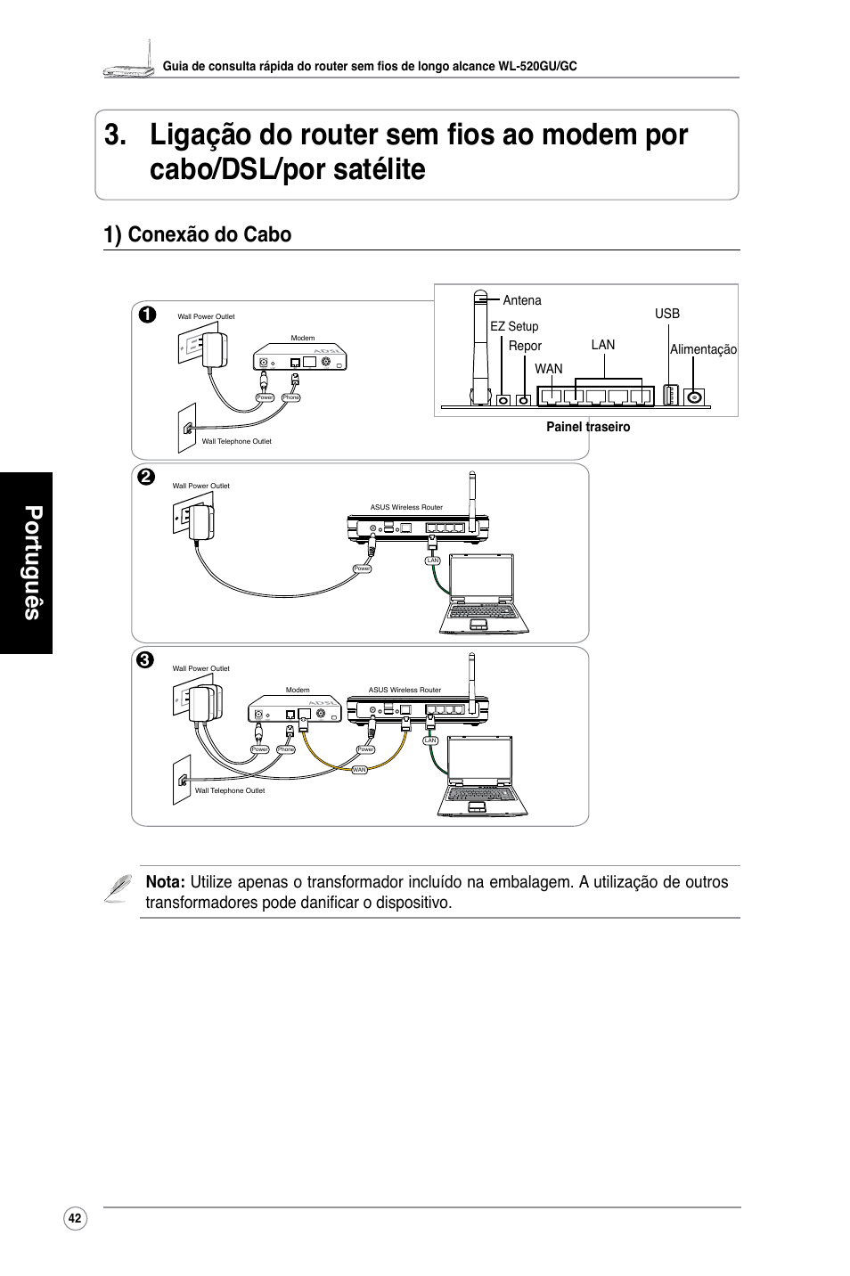 Português, Conexão do cabo | Asus WL-520GU User Manual | Page 47 / 110