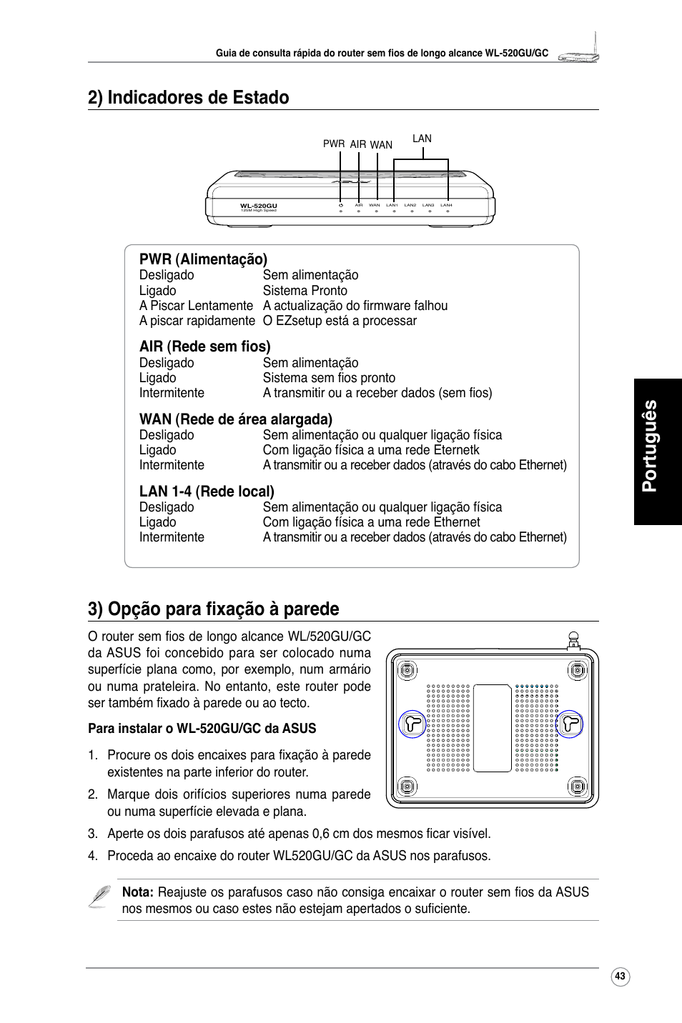 Pwr (alimentação), Air (rede sem fios), Wan (rede de área alargada) | Lan 1-4 (rede local) | Asus WL-520GU User Manual | Page 48 / 110