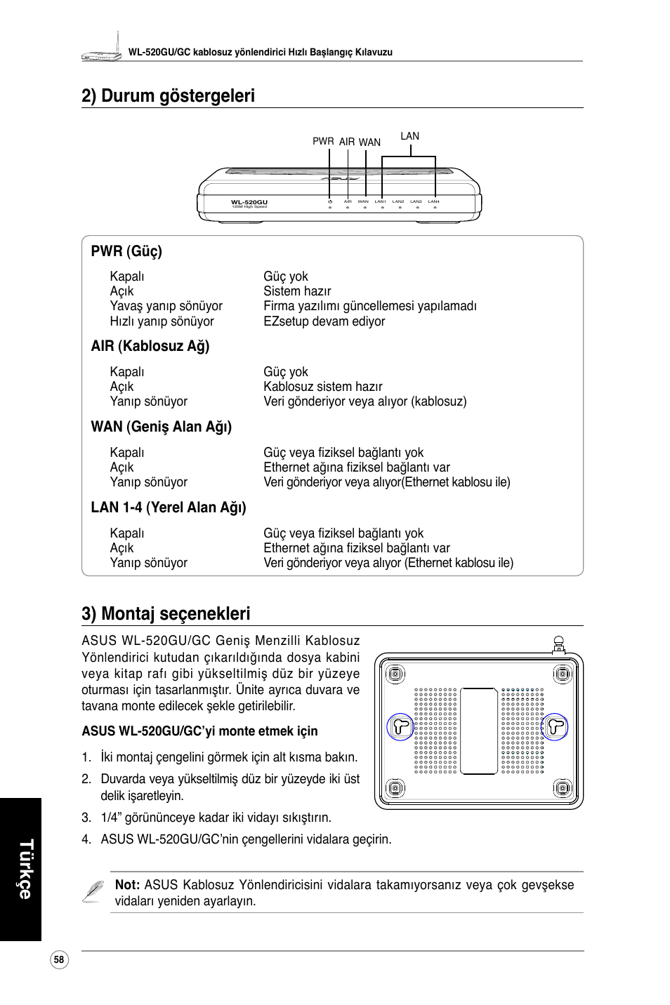 Türkçe 2) durum göstergeleri, 3) montaj seçenekleri | Asus WL-520GU User Manual | Page 63 / 110