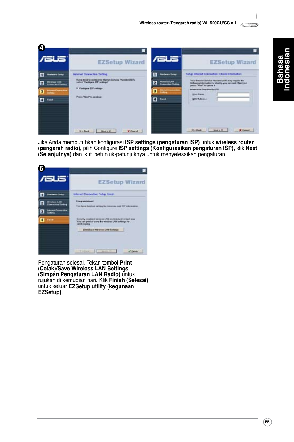 Bahasa indonesian | Asus WL-520GU User Manual | Page 70 / 110