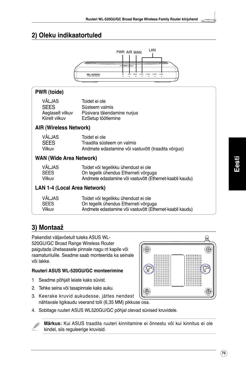 Eesti 2) oleku indikaatortuled, 3) montaaž, Pwr (toide) | Sees, Air (wireless network), Wan (wide area network), Lan 1-4 (local area network) | Asus WL-520GU User Manual | Page 78 / 110