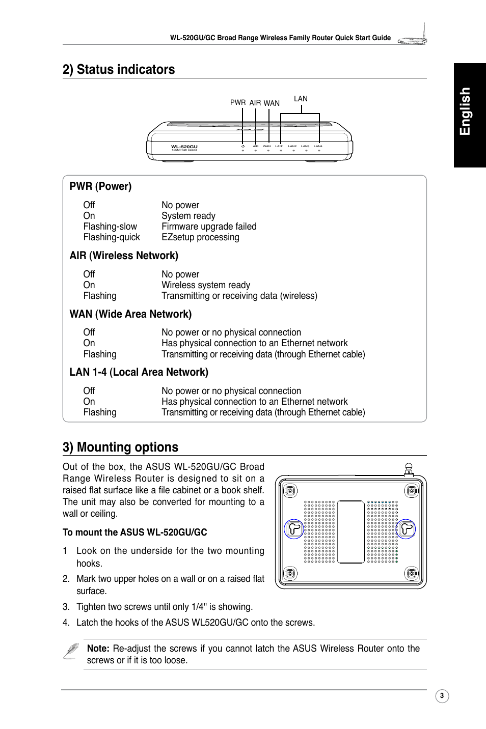 English 2) status indicators, 3) mounting options, Pwr (power) | Air (wireless network), Wan (wide area network), Lan 1-4 (local area network) | Asus WL-520GU User Manual | Page 8 / 110