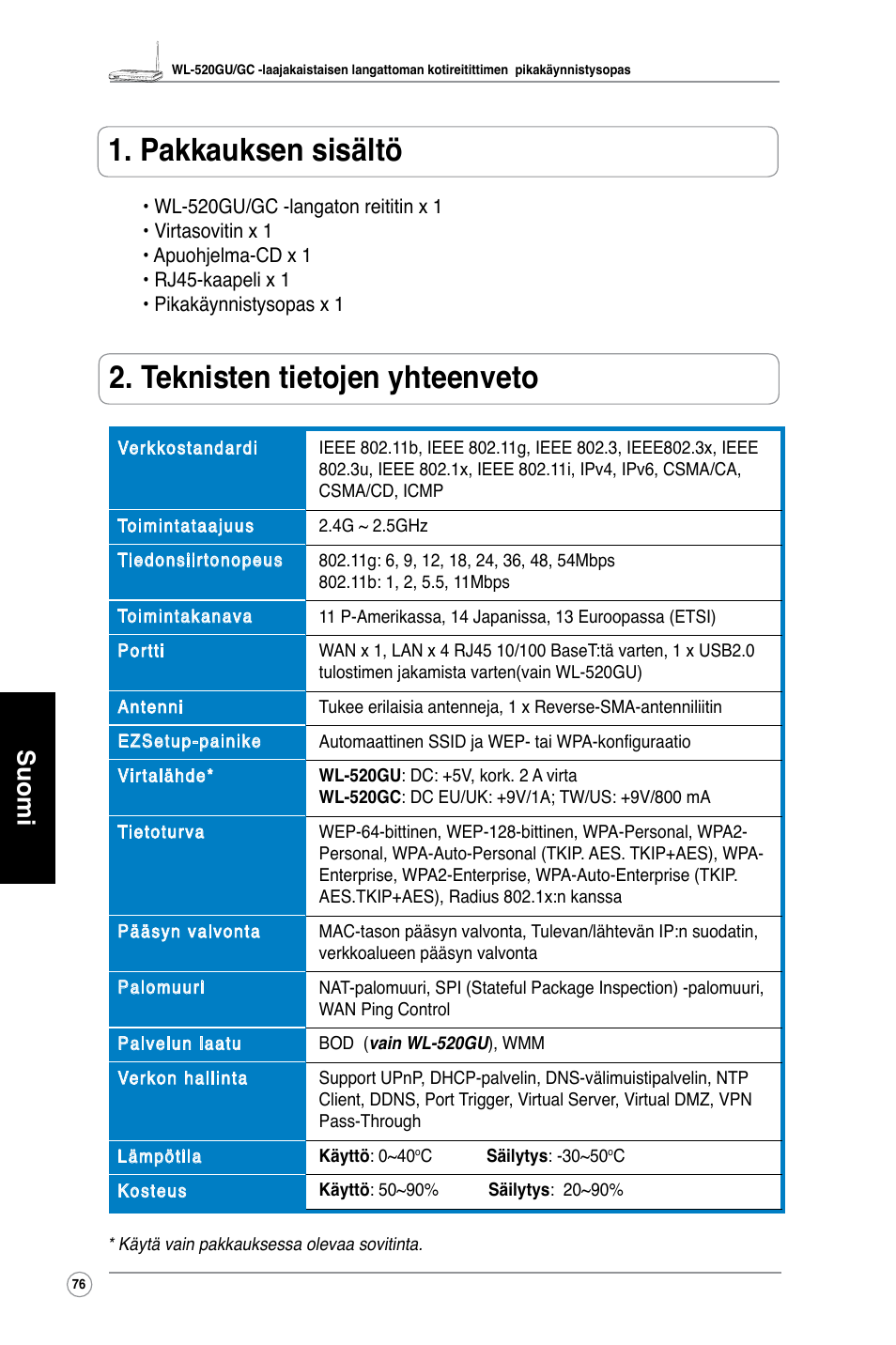 Pakkauksen sisältö, Teknisten tietojen yhteenveto, Suomi | Asus WL-520GU User Manual | Page 81 / 110