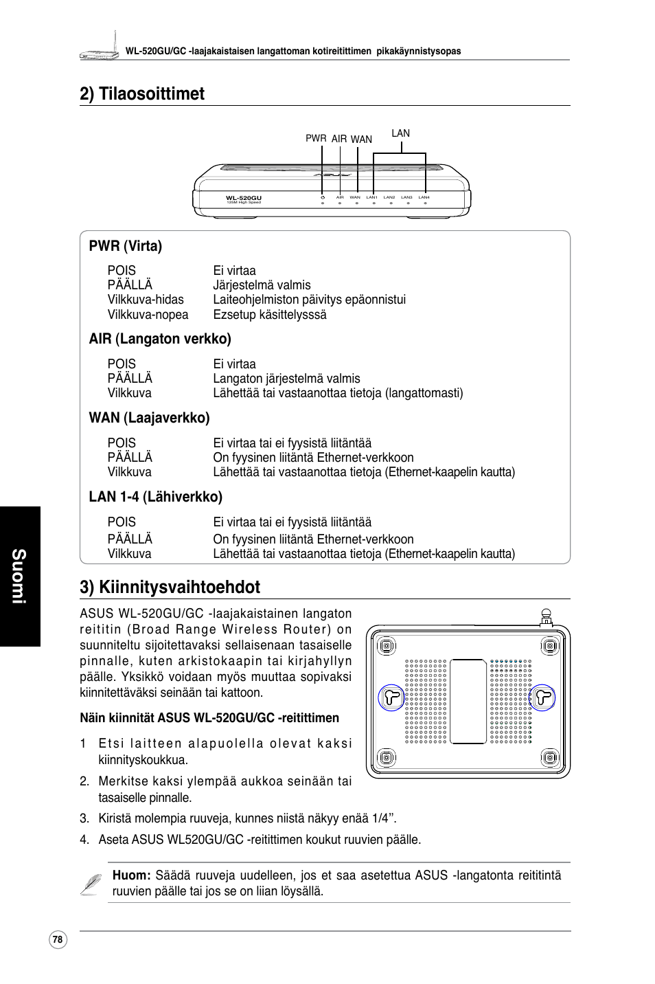 Suomi 2) tilaosoittimet, 3) kiinnitysvaihtoehdot, Pwr (virta) | Air (langaton verkko), Wan (laajaverkko), Lan 1-4 (lähiverkko) | Asus WL-520GU User Manual | Page 83 / 110