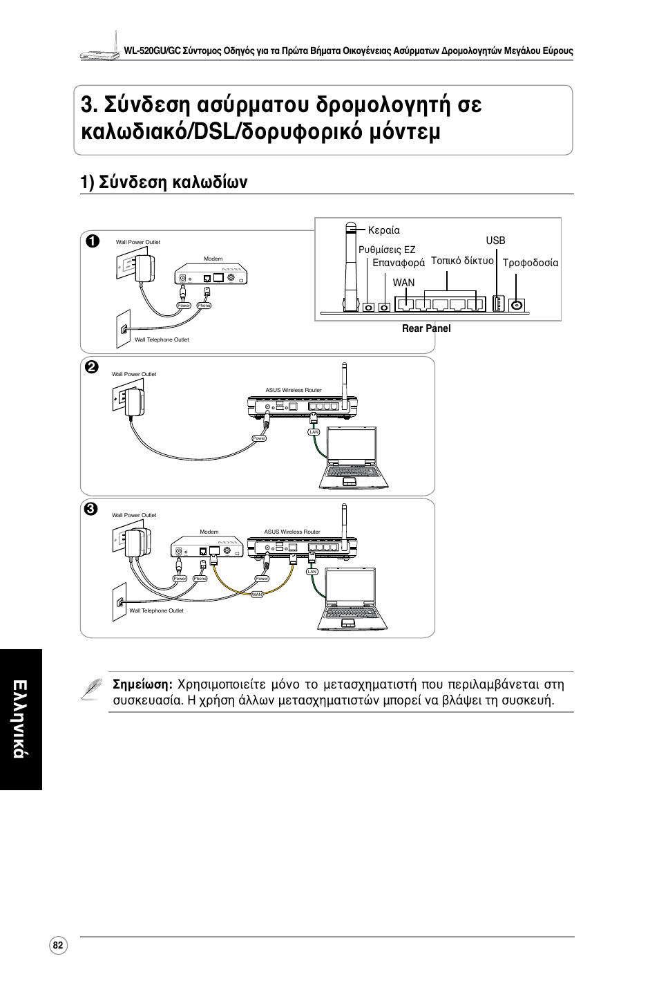 Ελληνικά, 1) σύνδεση καλωδίων | Asus WL-520GU User Manual | Page 87 / 110