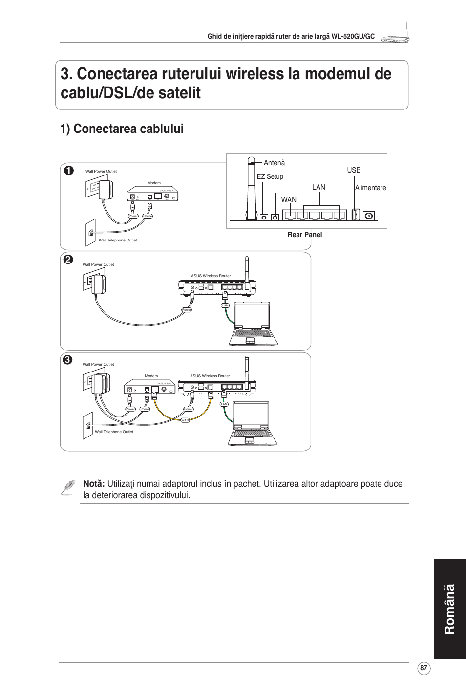 Română, 1) conectarea cablului | Asus WL-520GU User Manual | Page 92 / 110