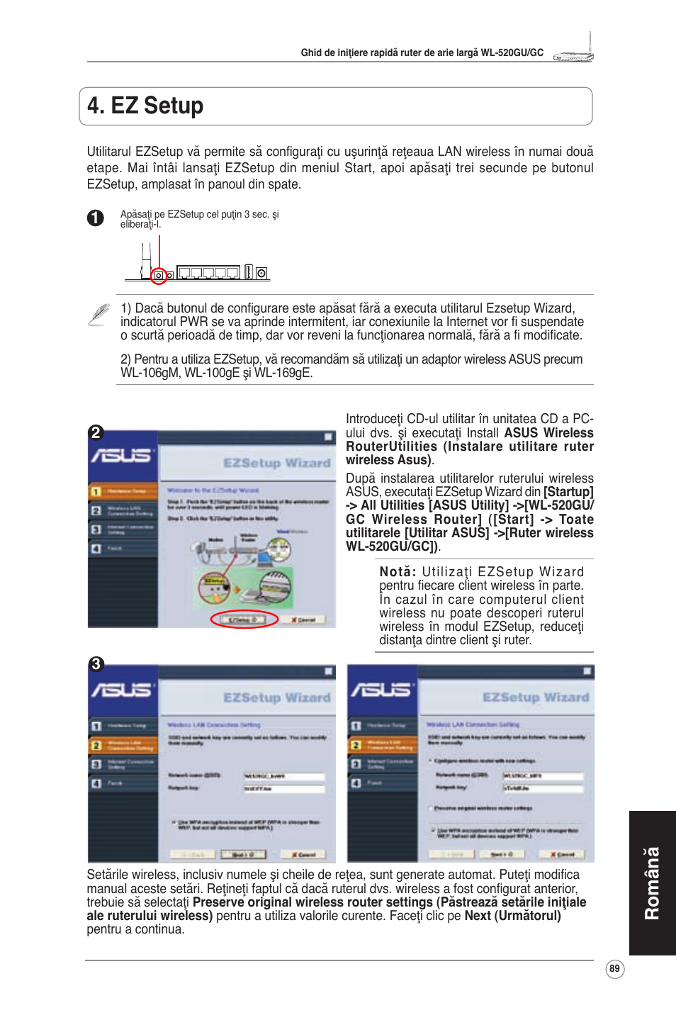 Ez setup, Română | Asus WL-520GU User Manual | Page 94 / 110