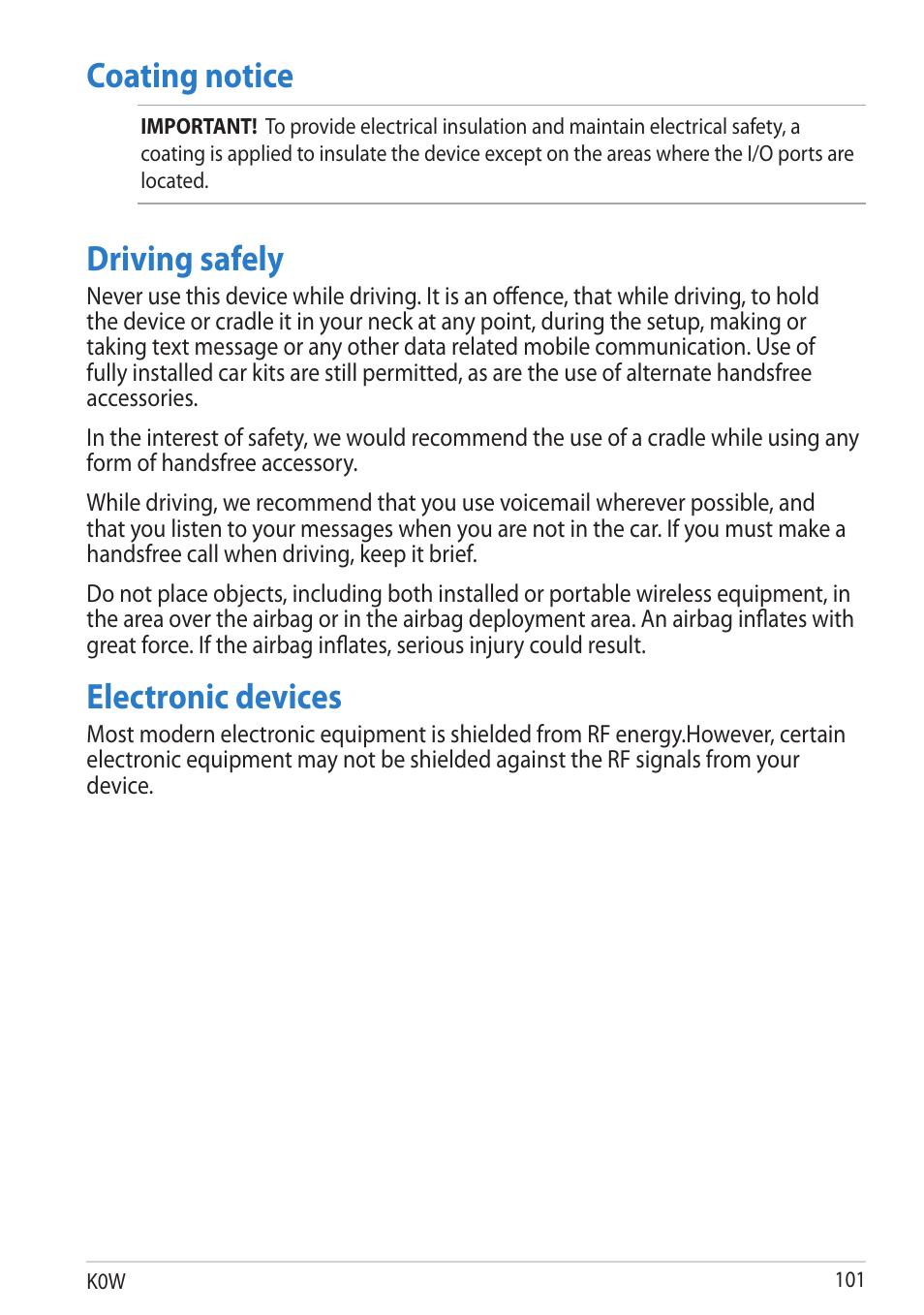 Coating notice, Driving safely, Electronic devices | Coating notice driving safely electronic devices | Asus MeMO Pad User Manual | Page 101 / 106