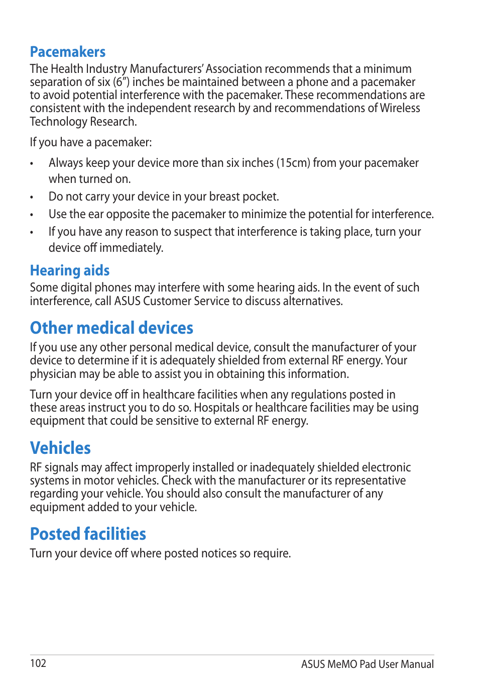 Other medical devices, Vehicles, Posted facilities | Other medical devices vehicles posted facilities, Pacemakers, Hearing aids | Asus MeMO Pad User Manual | Page 102 / 106