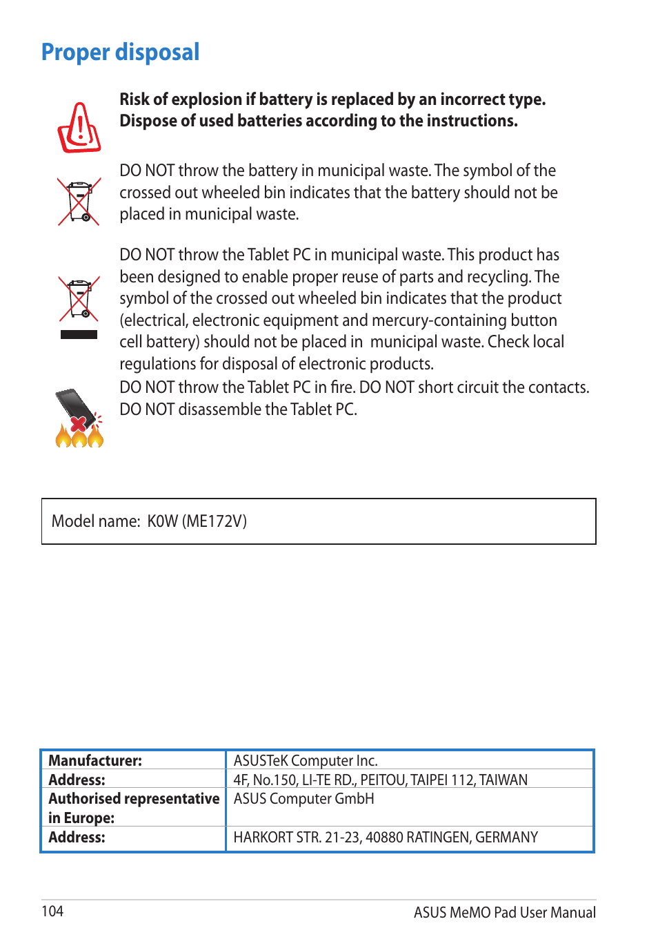 Proper disposal | Asus MeMO Pad User Manual | Page 104 / 106