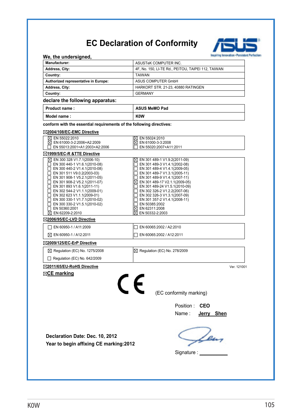 Ec declaration of conformity, K0w 10 | Asus MeMO Pad User Manual | Page 105 / 106