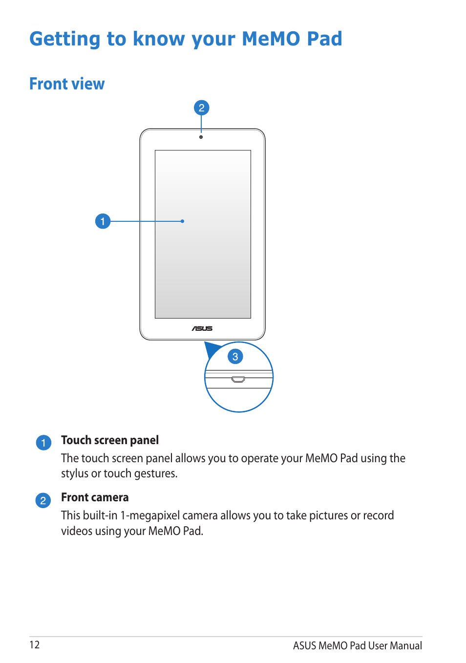 Getting to know your memo pad, Front view | Asus MeMO Pad User Manual | Page 12 / 106