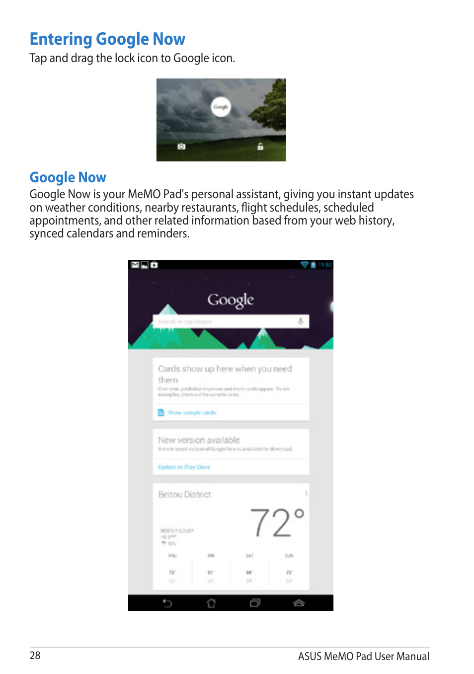 Entering google now, Google now | Asus MeMO Pad User Manual | Page 28 / 106