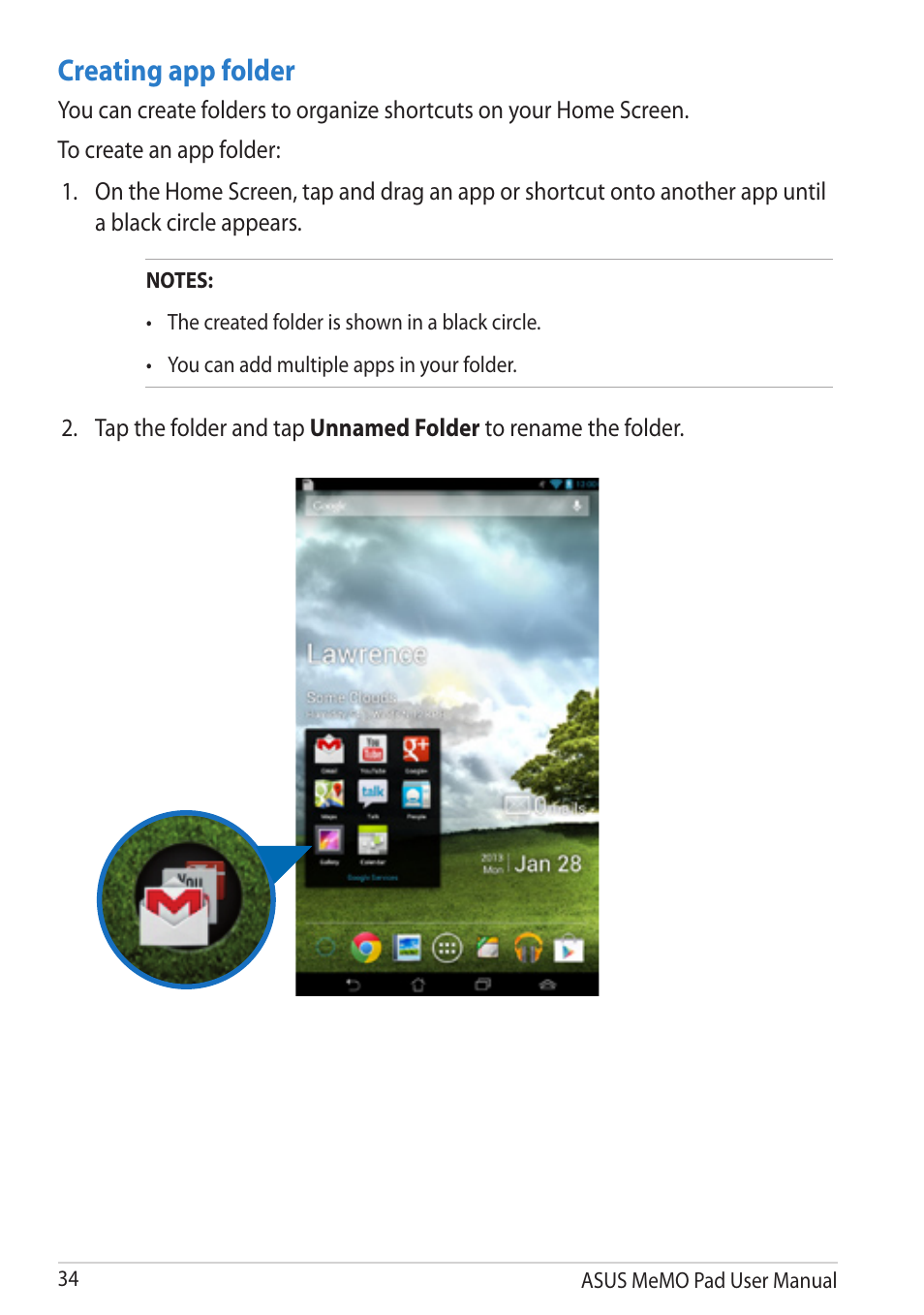 Creating app folder | Asus MeMO Pad User Manual | Page 34 / 106