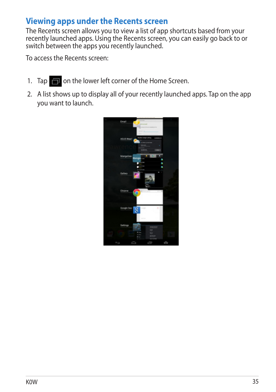 Viewing apps under the recents screen | Asus MeMO Pad User Manual | Page 35 / 106