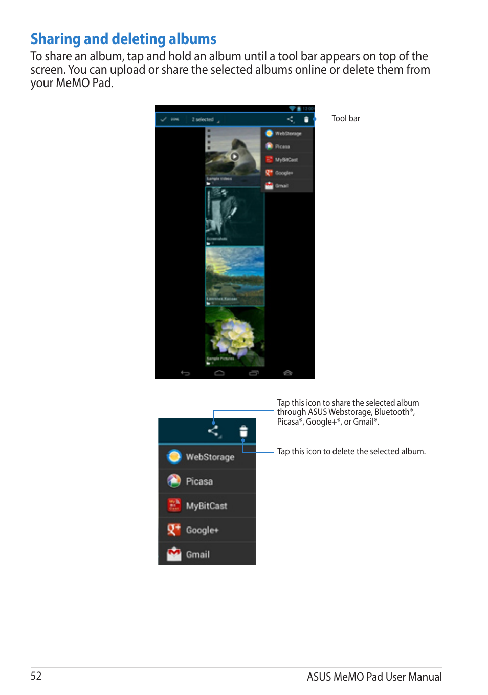Sharing and deleting albums | Asus MeMO Pad User Manual | Page 52 / 106