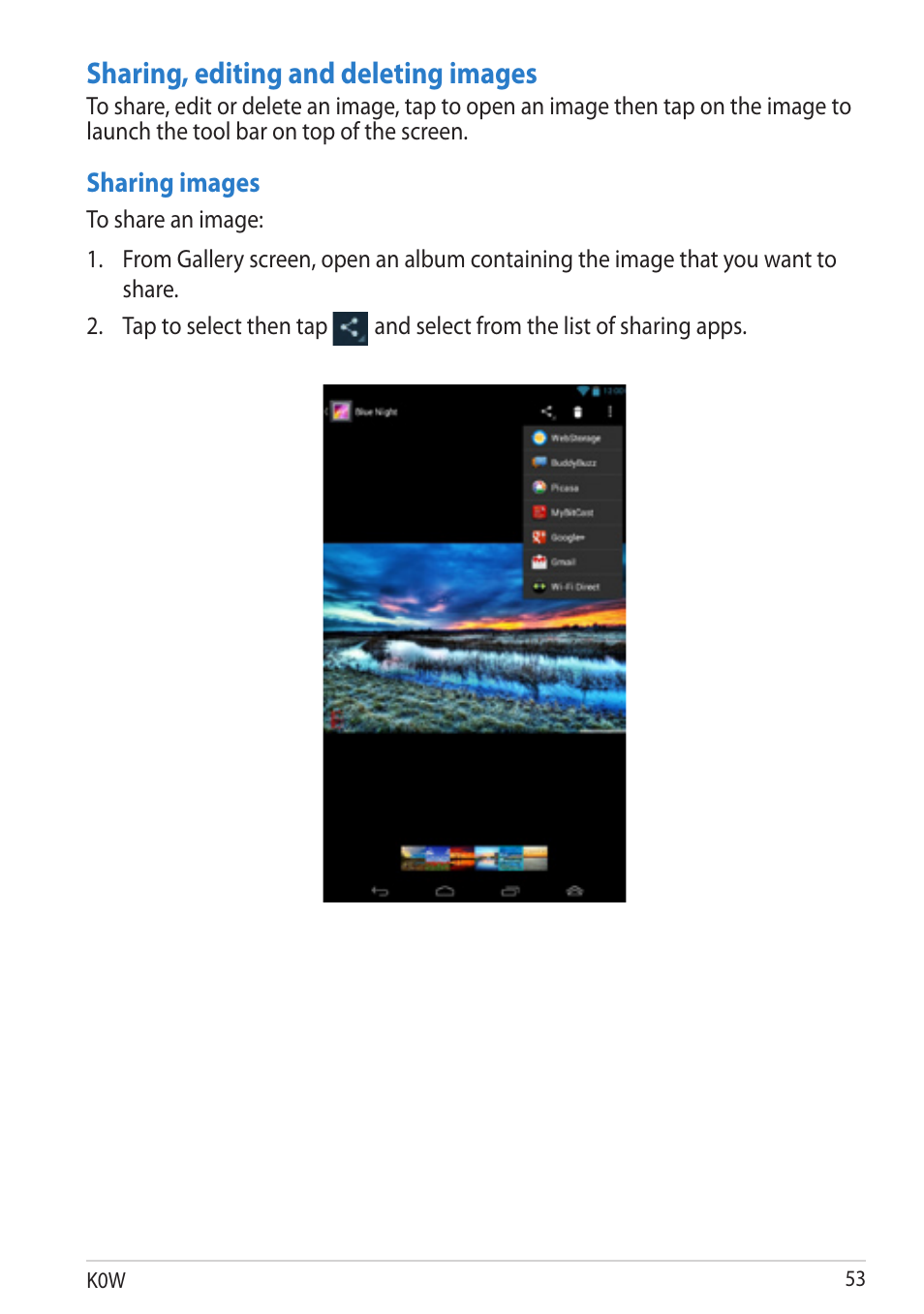 Sharing, editing and deleting images, Sharing images, And select from the list of sharing apps | Asus MeMO Pad User Manual | Page 53 / 106