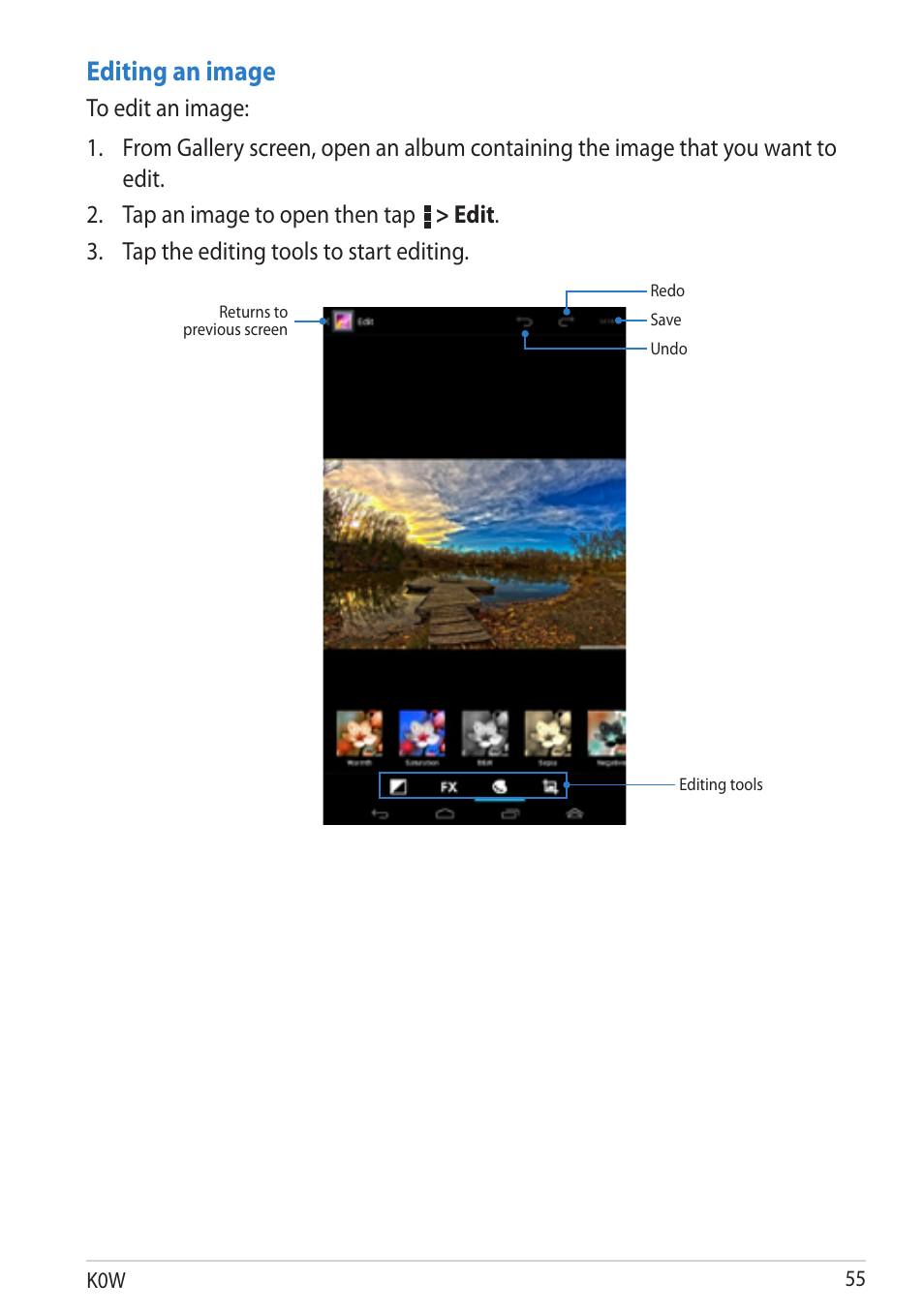 Editing an image, Edit . 3. tap the editing tools to start editing | Asus MeMO Pad User Manual | Page 55 / 106