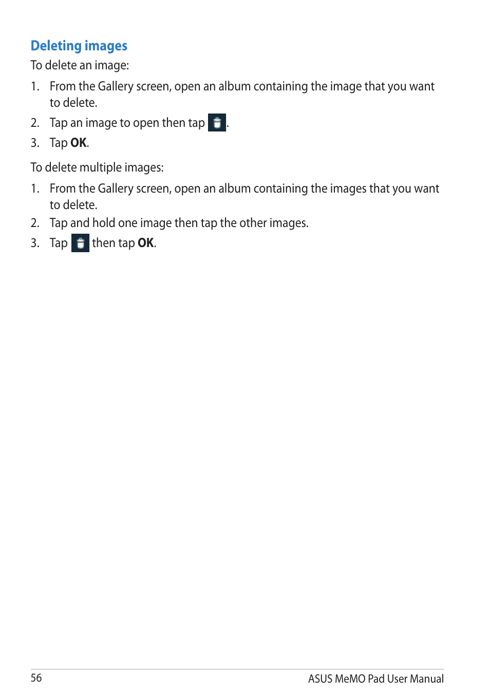 Deleting images, Then tap ok | Asus MeMO Pad User Manual | Page 56 / 106