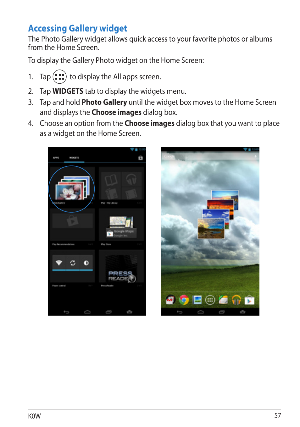 Accessing gallery widget | Asus MeMO Pad User Manual | Page 57 / 106