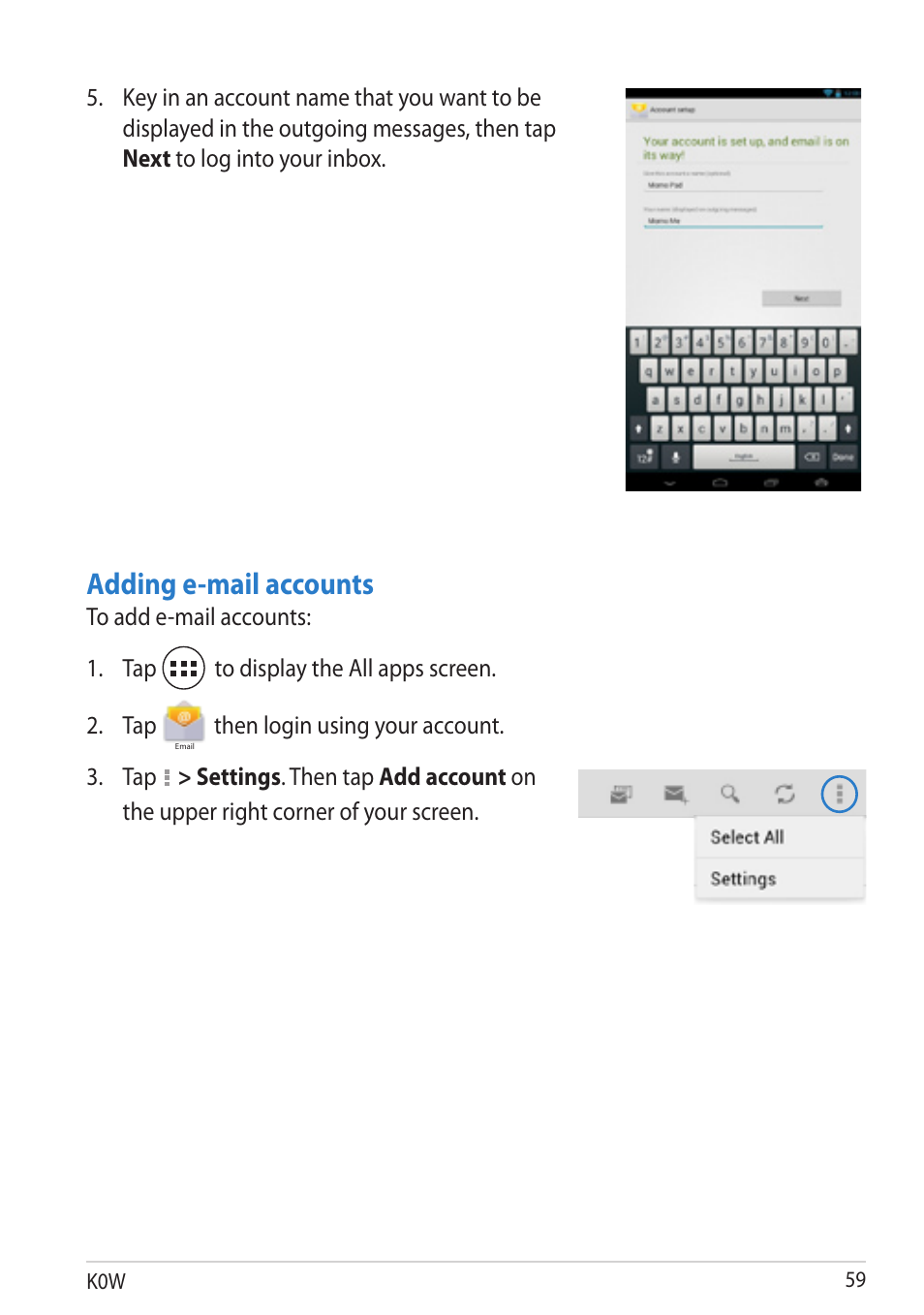 Adding e-mail accounts, Then login using your account. 3. tap | Asus MeMO Pad User Manual | Page 59 / 106