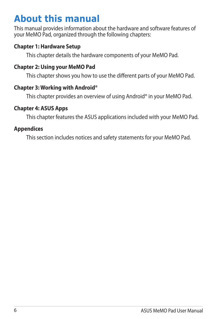 About this manual | Asus MeMO Pad User Manual | Page 6 / 106