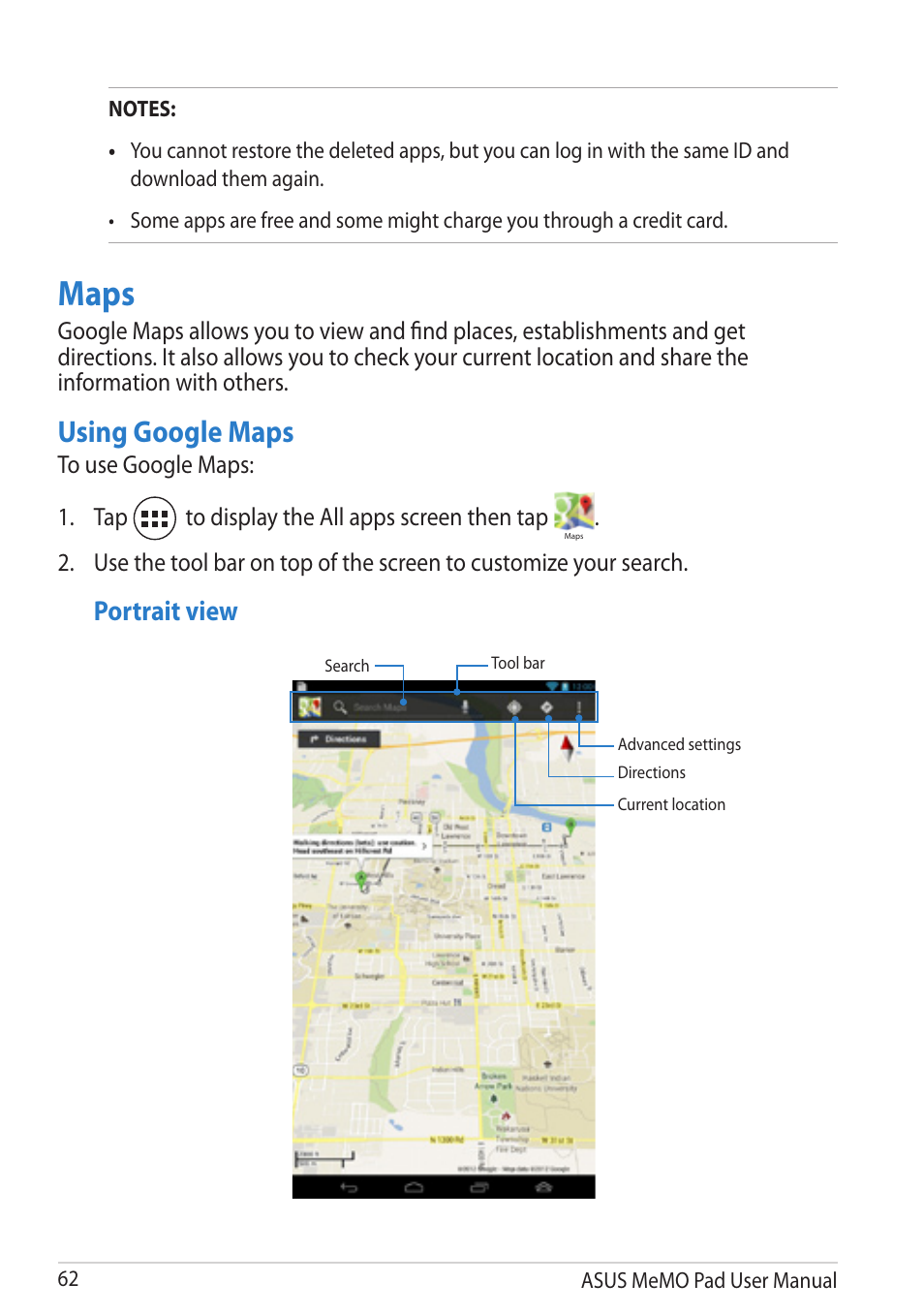 Maps, Using google maps, Portrait view | Asus MeMO Pad User Manual | Page 62 / 106