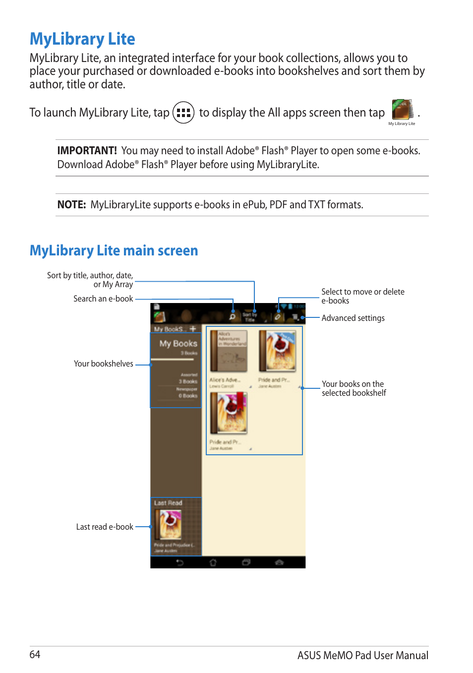 Mylibrary lite, Mylibrary lite main screen | Asus MeMO Pad User Manual | Page 64 / 106