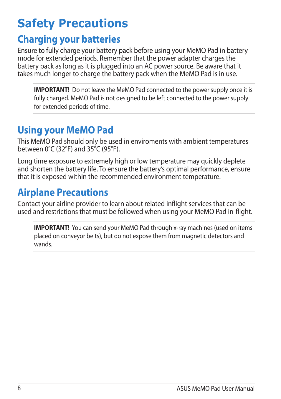 Safety precautions, Charging your batteries, Using your memo pad | Airplane precautions | Asus MeMO Pad User Manual | Page 8 / 106