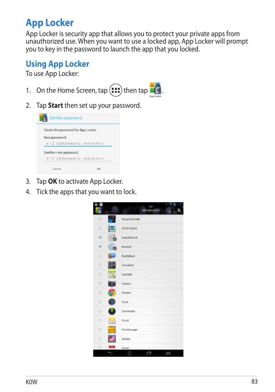 App locker, Using app locker, Then tap | Asus MeMO Pad User Manual | Page 83 / 106