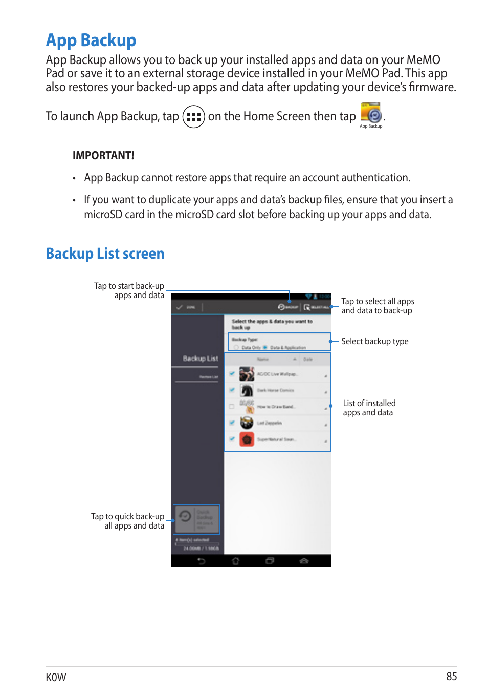 App backup, Backup list screen, On the home screen then tap | Asus MeMO Pad User Manual | Page 85 / 106