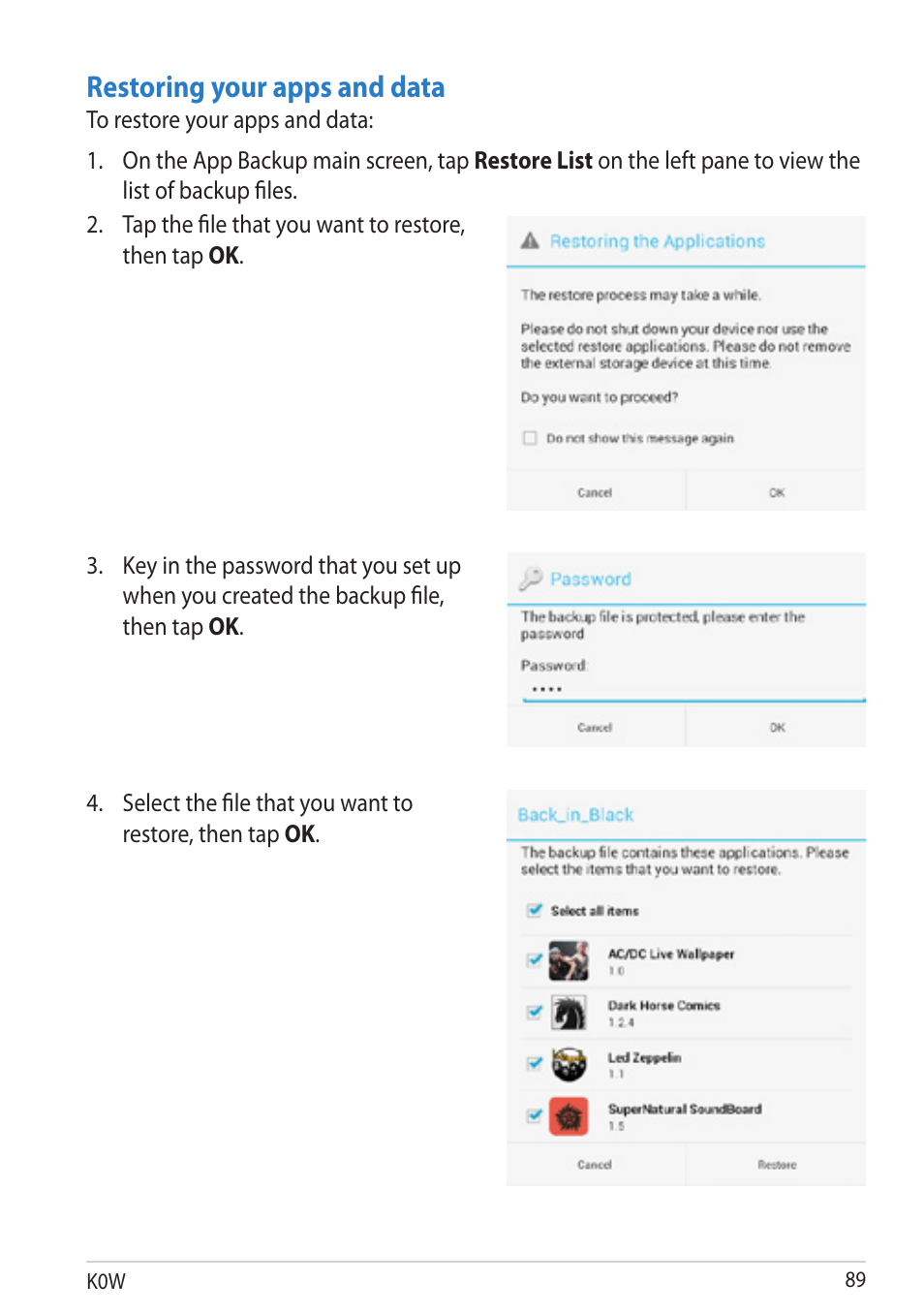 Restoring your apps and data | Asus MeMO Pad User Manual | Page 89 / 106