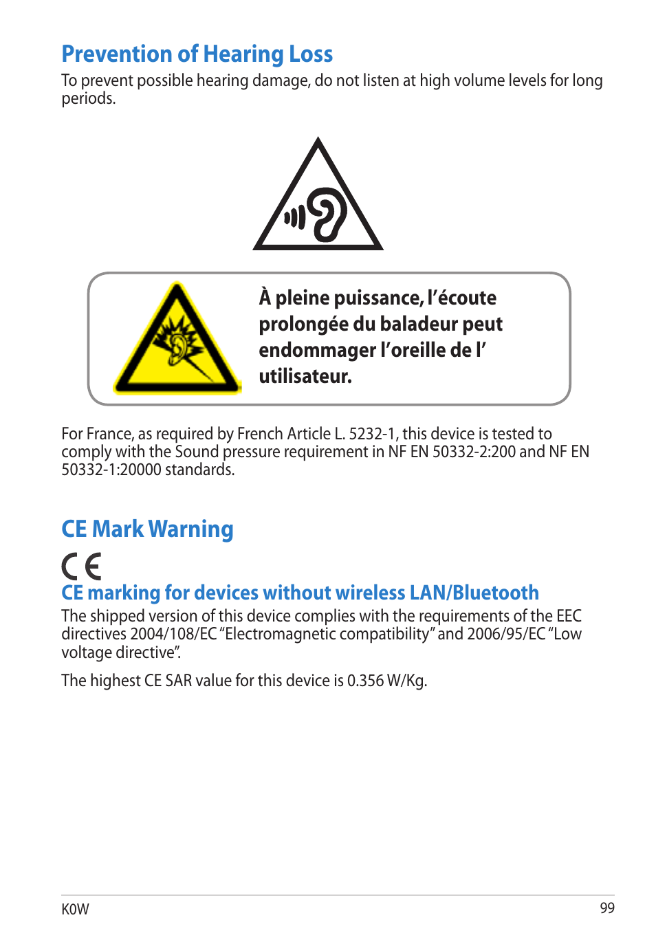 Prevention of hearing loss, Ce mark warning, Prevention of hearing loss ce mark warning | Asus MeMO Pad User Manual | Page 99 / 106