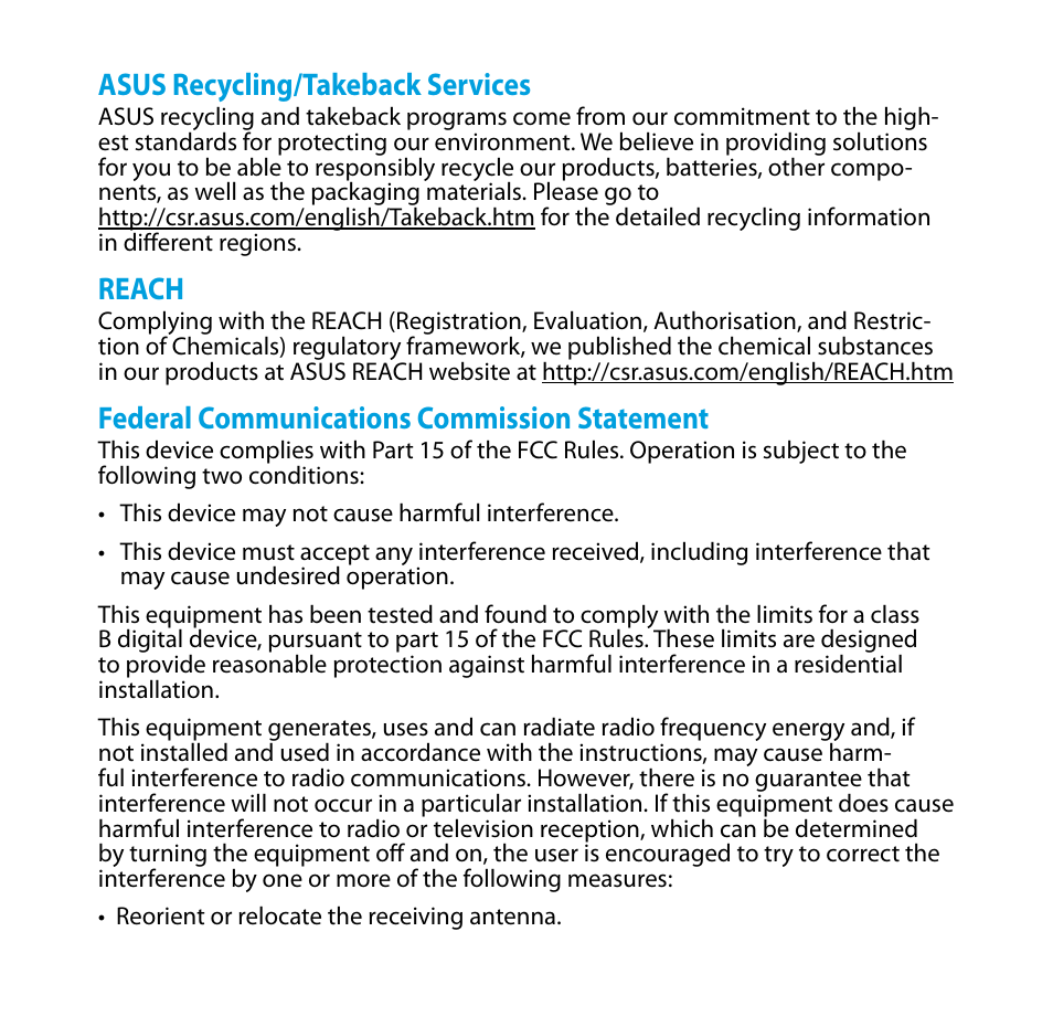 Asus recycling/takeback services, Reach, Federal communications commission statement | Asus EA-N66R User Manual | Page 10 / 13