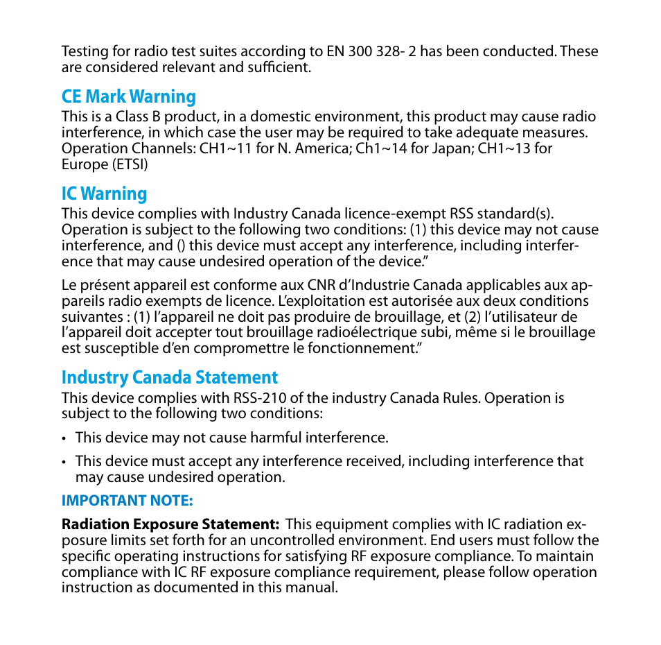 Ce mark warning, Ic warning, Industry canada statement | Asus EA-N66R User Manual | Page 12 / 13