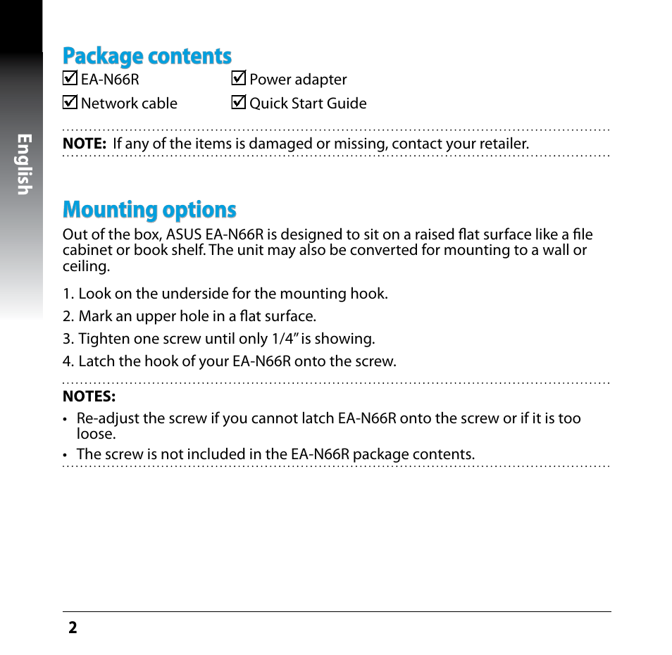 Package contents, Mounting options, English | Asus EA-N66R User Manual | Page 2 / 13