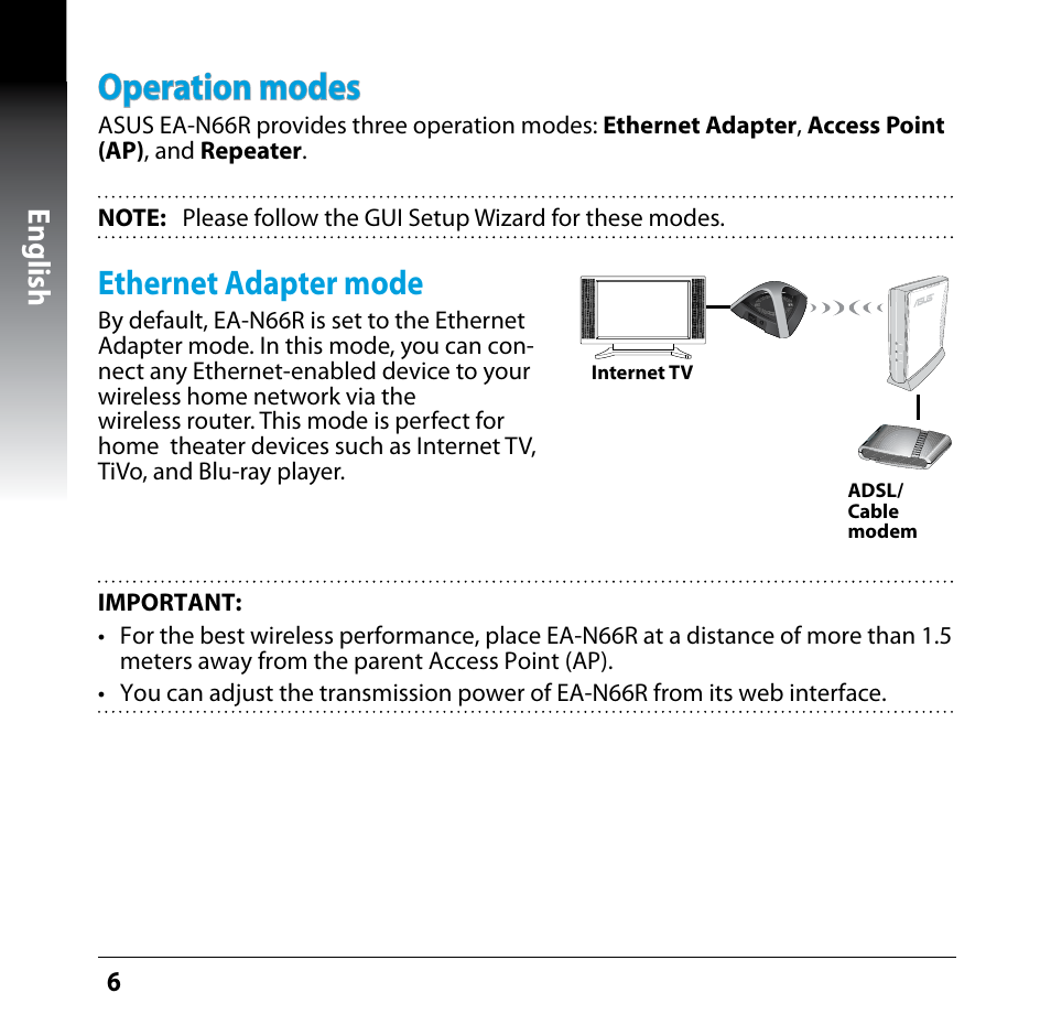 Operation modes, Ethernet adapter mode, English | Asus EA-N66R User Manual | Page 6 / 13