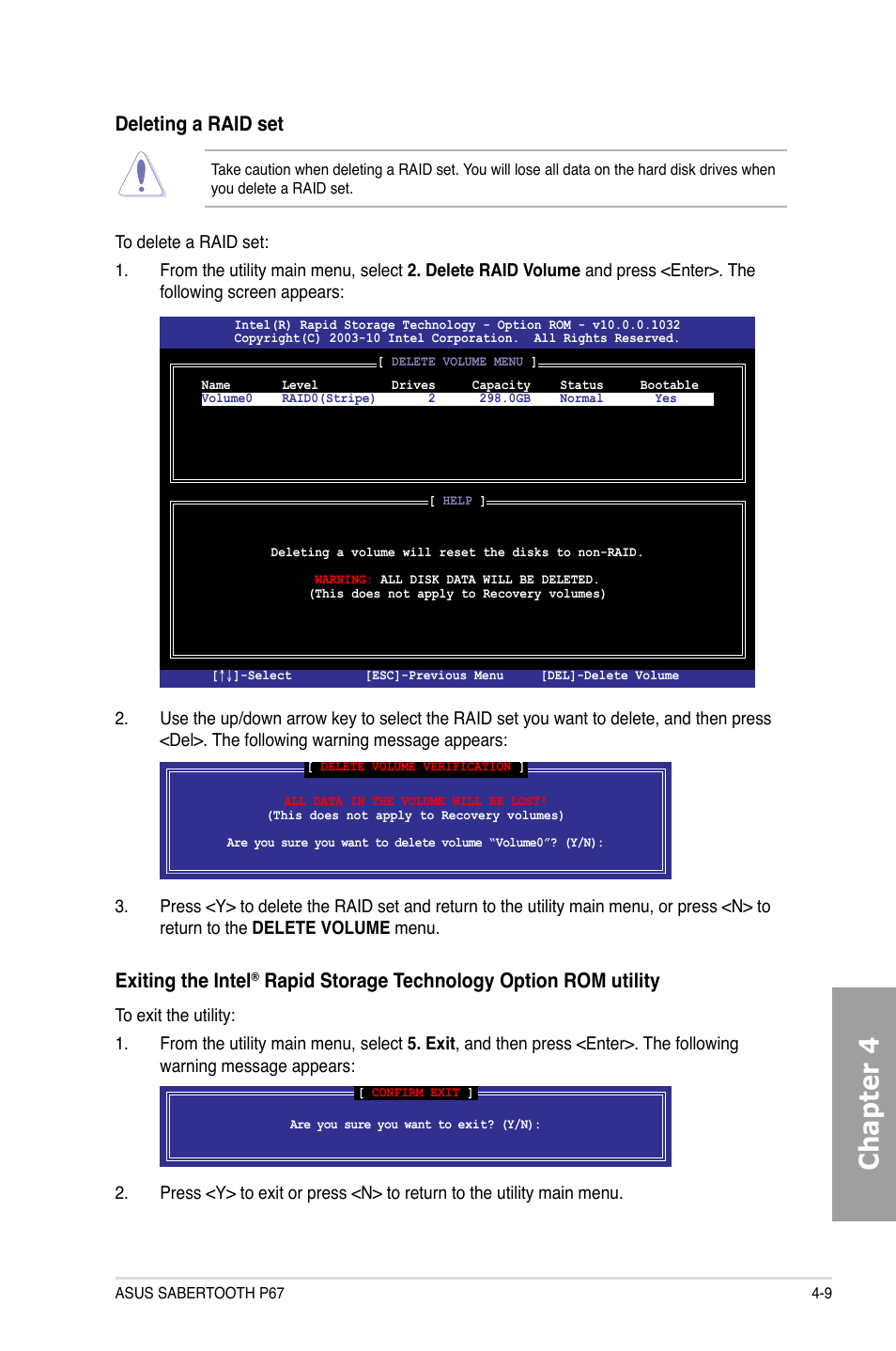 Chapter 4, Deleting a raid set, Exiting the intel | Rapid storage technology option rom utility | Asus Sabertooth P67 User Manual | Page 105 / 120