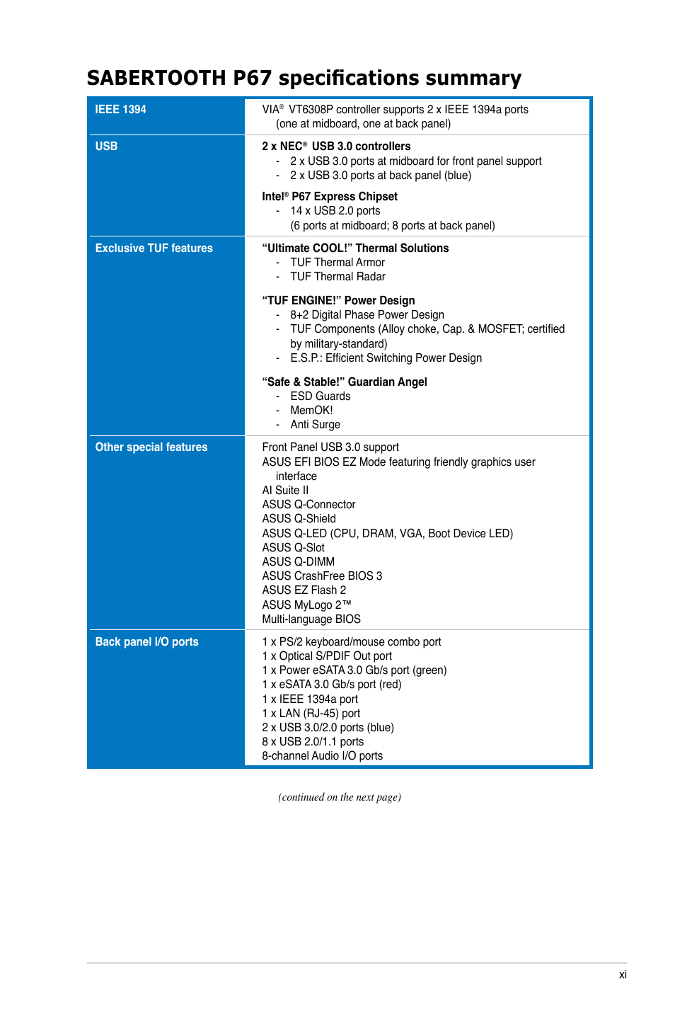 Sabertooth p67 specifications summary | Asus Sabertooth P67 User Manual | Page 11 / 120